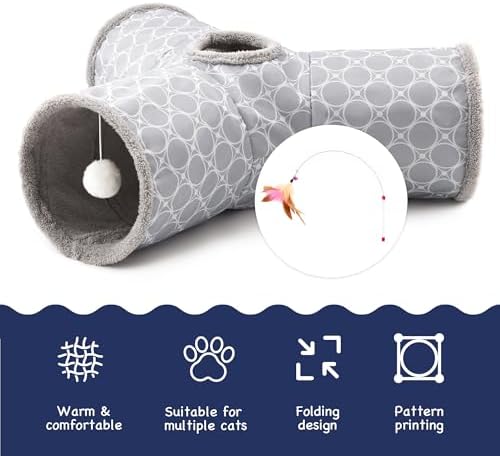 Tempcore Fleece-Lined Cat Tunnel, 3-Way Collapsible Toy, Geometry Grey - Image 7