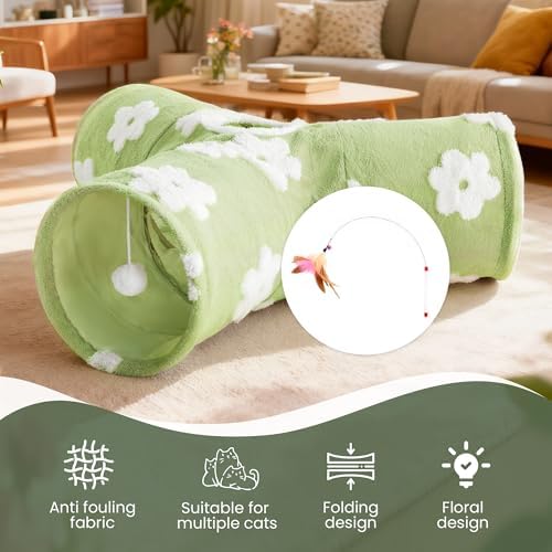 Tempcore Cat Tunnel, 3-Way Collapsible Toy for Indoor Cats, Daisy Green - Image 7
