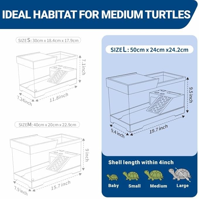 GOZILLA Turtle Tank Kit+Lamp+Filter, Upgrade PC Turtle Tank Starter Kit with Adjustable Lamp & Filter,Reptile Habitat with Lid,Basking Platform for Small Reptiles(19.68× 9.52× 9.44''/White-Large-Kit)