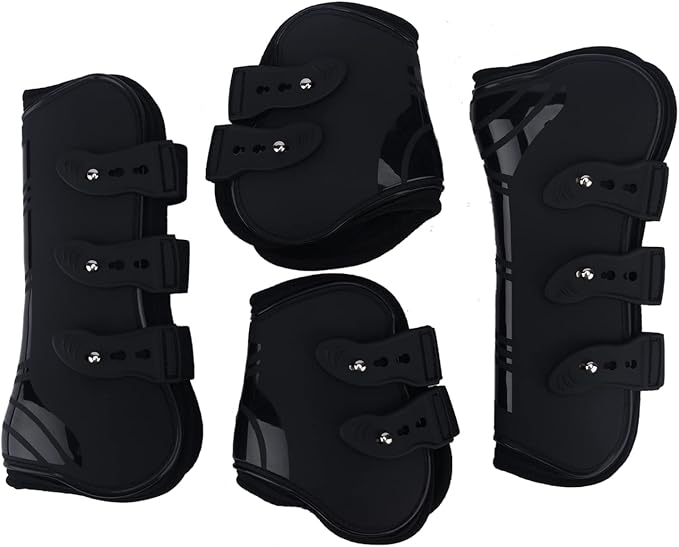MAYiT Horse Tendon Boots (4 pcs - Front & Hind), PU Shell Tendon Fetlock Brace Guard Boots for Riding Shock Absorbing Jumping Competition Protection