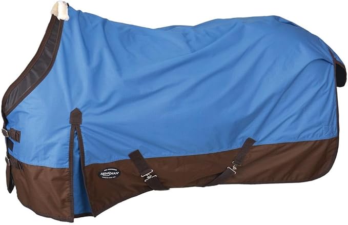 Reinsman Classic Turnout Winter Warm Horse Blanket with 300g Fill| Water-Resistant 600 Denier | Comfortable Fleece-Lined Adjustable Neck | Breathable Nylon Liner | Easy to Clean, Blue/Brown, 81"