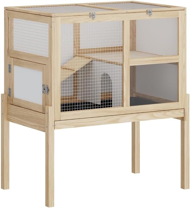 Guinea Pig Cages for 2, Rabbit Hamster Cage with Wooden Stand, 2-Story Large Indoor Small Animal House with a Pull Out Tray and Ramp, Guinea Pig Hideout Platform for Hamster,Natural