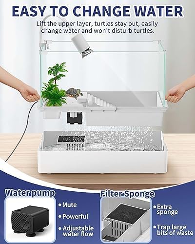 MoonOrange Large Turtle Tank Kit(Tank + Light + Water Pump), Acrylic Turtle Tank Starter Kit with Two Rain Shower Head, Adjustable Water Pump, Higher Fences (Kit-S)