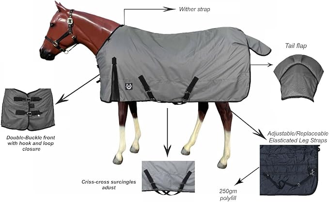 Horse Blanket 600D Ripstop Winter Turnout Blanket, 250 GSM Polyfill, 100% Waterproof & Breathable, Cold Weather Horse Blanket with Secure Fit Grey with Black Trim, Size 72
