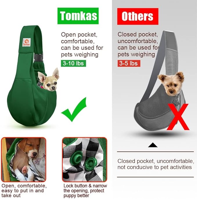 Tomkas Small Dog Sling Carrier - Zipper Pocket & Adjustable Strap & Zip Pocket - for 3-10 lbs Pets (Emerald Green, M - Zipper Pocket & Adjustable Strap)