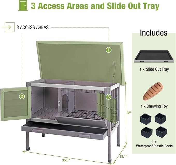 GUTINNEEN Guinea Pig Cage Indoor Wooden Rabbit Hutch with Metal Floor Grid and Removable Tray for Easy Cleaning, Bunny Cages Outdoor Waterproof Roof and Elevated Legs