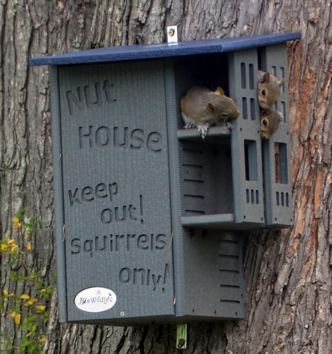 JCS Wildlife Ultimate Wooden Squirrel House, Multi-Tier Squirrel Nesting House with Predator Guards, Weather-Resistant Recycled Poly Lumber, Easy-Clean Tree House for Outside, Blue & Gray