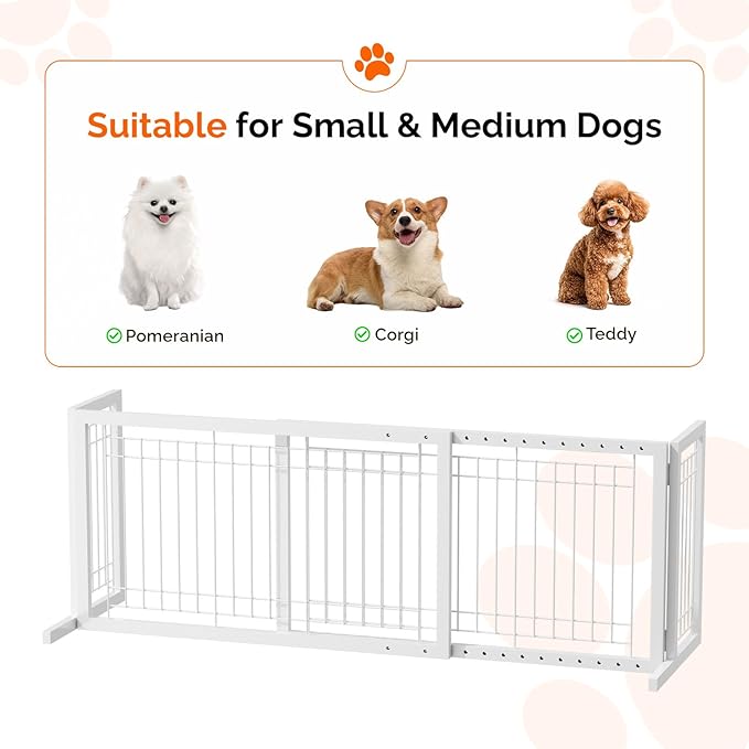 Bonnlo Free Standing Dog Gate, 37" - 68" Wide Pet Gate for Fireplace Stairs Doorways, Metal Adjustable Pet Fence Indoor, Christmas Tree Gate (Metal-White)