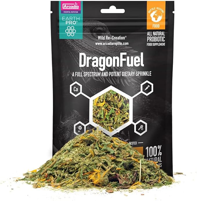 Arcadia EarthPro DragonFuel Botanical Bearded Dragon Food Sprinkle 125g – All-Natural Reptile Food Topper with Bee Pollen, Probiotics and Whole Leaf Plants, Supplementary Diet for Uromastyx and Iguana