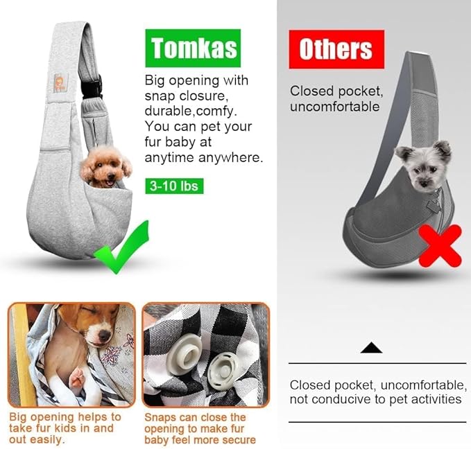 Tomkas Small Dog Sling Carrier - Zipper Pocket & Adjustable Strap & Zip Pocket - for 3-10 lbs Pets (Grey, M - Classic Pocket & Classic Strap)