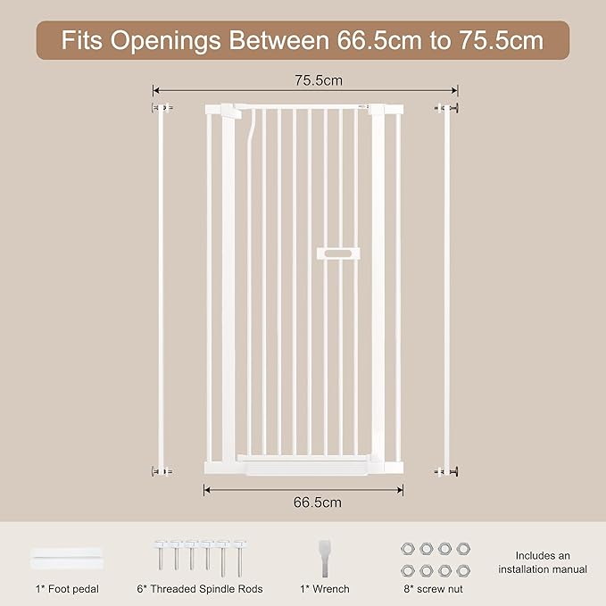 55.1" Extra Tall Cat Gate for Stairs, 26.1-29.7" Wide Auto Close Cat Gate Indoor for Doorway/Hallways/Kitchen, No Drilling High Pressure Mounted, 1.37" Narrow Bar Spacing, White
