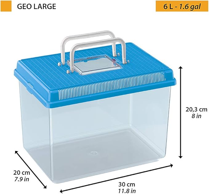 Ferplast Plastic Fish Aquarium GEO Large Aquarium Tank 6 Container for Small Animals Terrarium Insects Turtles, Sturdy Plastic, Ventilation Grills, Handle for Easy Transport, 30 x 20 x h 20,3 cm Blue