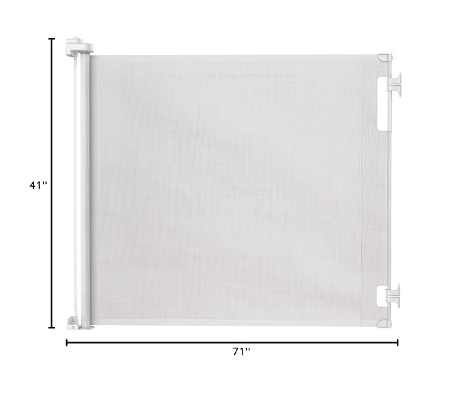 Retractable Baby Gate Perma Child Safety 41" Tall x 71” Wide, Mesh, for Stairs, Doorways, Dogs, Pets, Indoor, Outdoor, One-Handed Operation, Locking, Easy Install, Hardware Mount, White