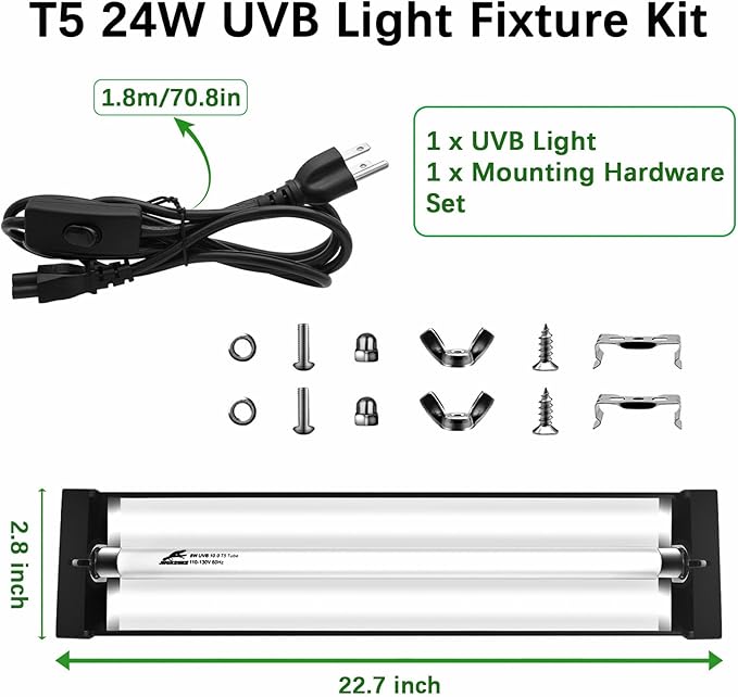 T5 10.0 UVB Reptile Light Fixture Combo Kit, 24W High Output UVA UVB Light with Upgraded Wider Alloy Reflector for Bearded Dragons Lizards Tortoises and Other Desert or Tropical Reptiles (22.7Inch)
