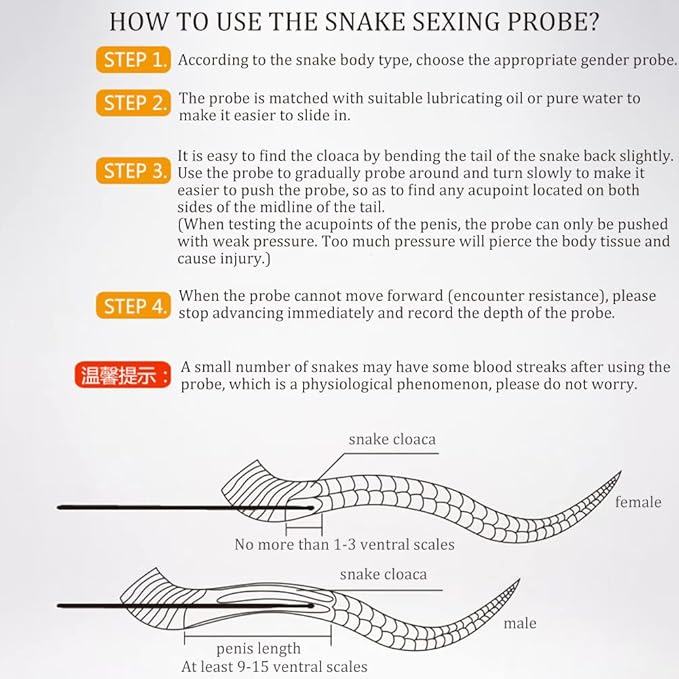 Snake Probe Kit Professional 5 Pieces Snake Sexing Probes, Stainless Steel Reptile Gender Detection Tool for Different Size Snakes