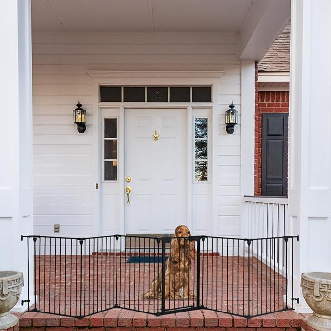 AGESISI Freestanding Dog Gates with Door Walk Through, Extra Wide Doggy Door 150" W x 29" H Pet Gate Safty 6 Panels Dog Fence for Stairs, Doorways