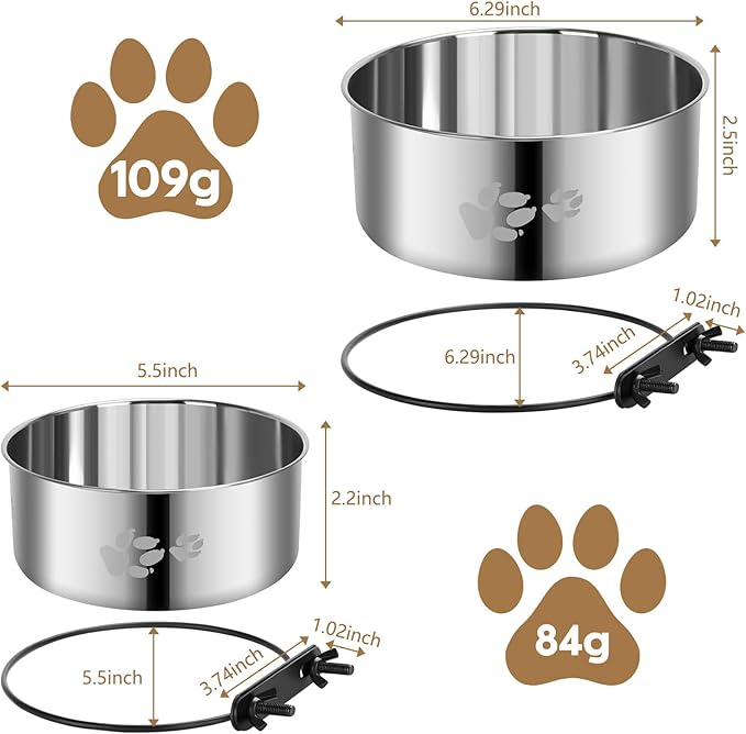 Kennel Bowls Mountable,2 Pack Dog Crate Water Bowl No Spill,Hanging Dog Bowl for Crate Cage,Stainless Steel Dogs Water Feeder Dish for Dogs Cats Bunny Ferret Bird