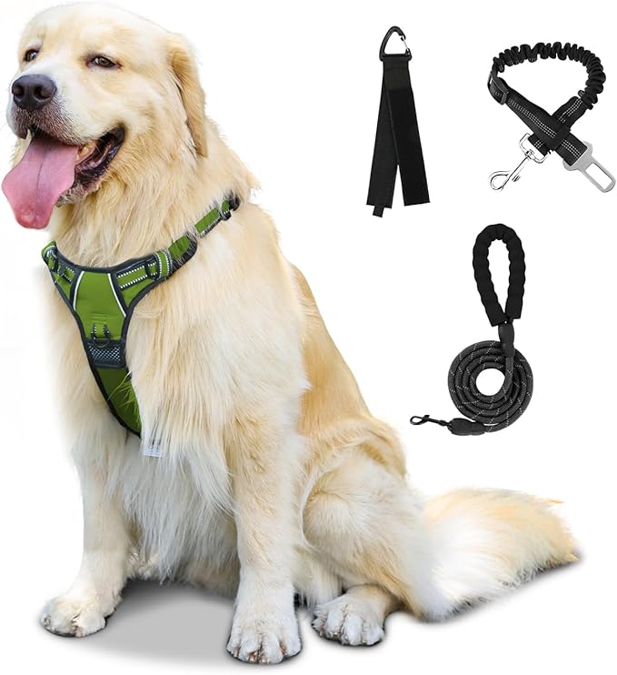 FURRYFECTION Plaid Dog Harness for Medium Dogs, Reflective No Pull Adjustable Pet Vest with Front Clip, Leash, Easy Control Handle and Seat Belt, Army Green, M