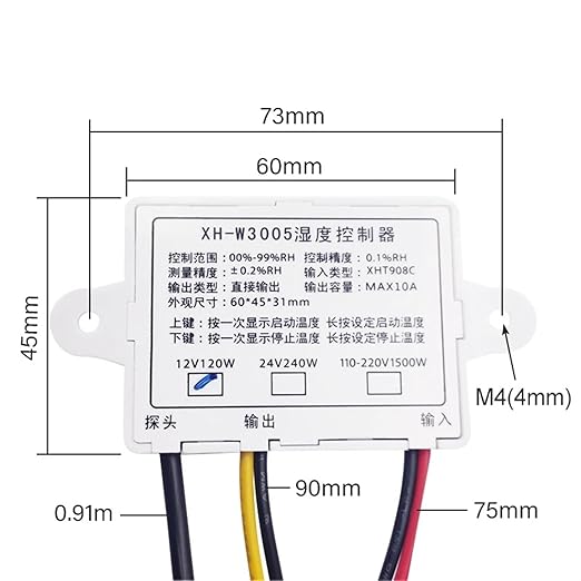 W3005 Digital Hygrometer for Incubator LED Humidity Controller Sensor Meter Detector Control Switch Hygrostat AC 220V DC 12V 24V(1m Humidity Sensor)