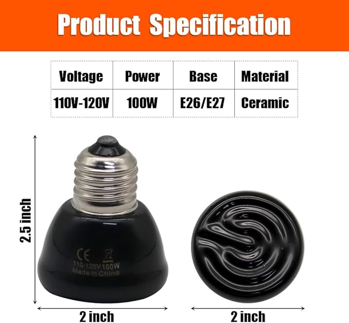 Mini Reptile Heat Lamp Bulb Ceramic Infrared Heat Emitter(4 Pack) E26/E27 Base, AC110V, for Pet Amphibian Snake, Turtle, Lizard, Chicken, Brooder Coop, No Light (100, Watts)