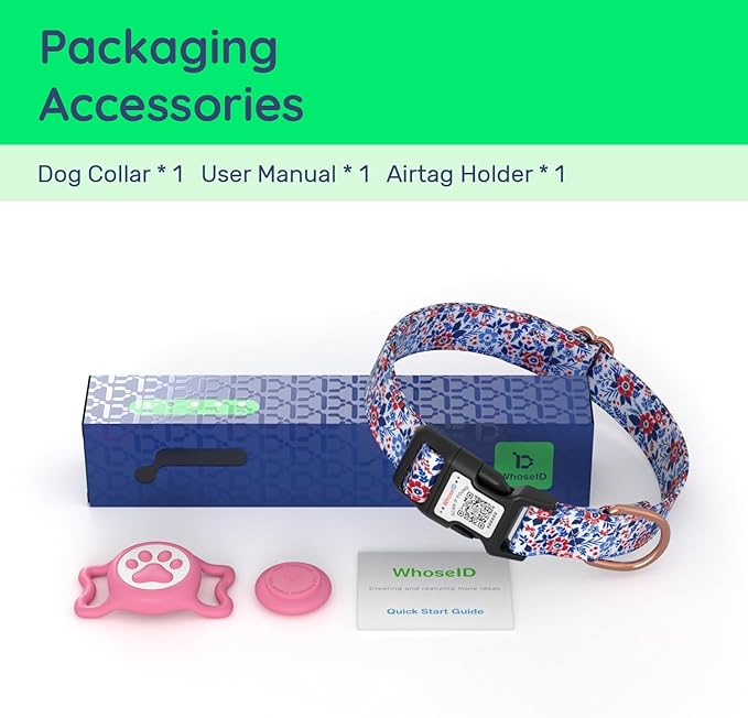 WhoseID Airtag Dog Collar,with Waterproof airtag Holder,Original Stylish Cute Pattern Design.QR Code ID Buckle,Comfortable Soft Cotton for Small Medium Large Dogs