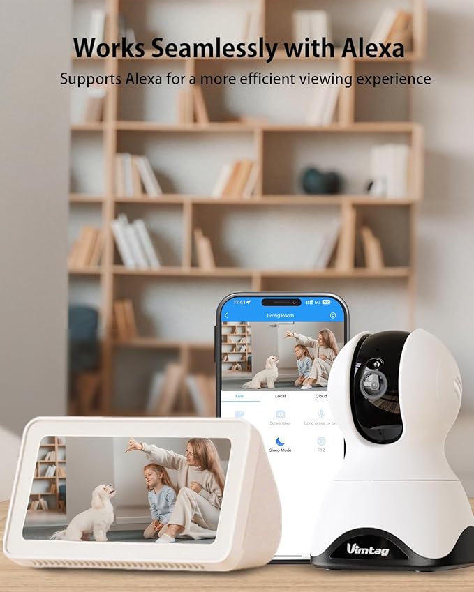VIMTAG 4MP Pan/Tilt Indoor Camera for Pet/Dog/Cat/Baby/Nanny, Wired Security Camera for Home with Phone App, Motion Tracking, Night Vision, 2-Way Audio, AI Detection, 5GHz/2.4GHz WiFi, Works w/Alexa