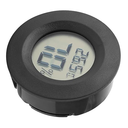 Fydun Digital Thermometer Hygrometer, LCD Temperature Humidity Mini Hygrometer Round Shape Thermometers Meter for Reptile Incubator Aquarium Poultry, Compact Size & (Black)