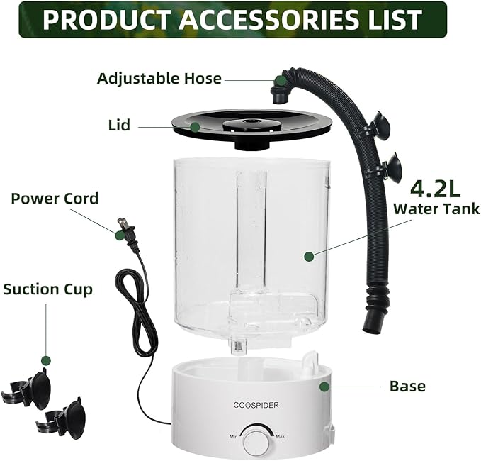 Coospider 4.2L Top Fill Reptile Humidifier, Fogger Mister for Reptiles Tank, Terrariums Humidifiers with Extended Hose/Tube, Reptile Misting System for Reptiles Amphibians Herps Vivarium