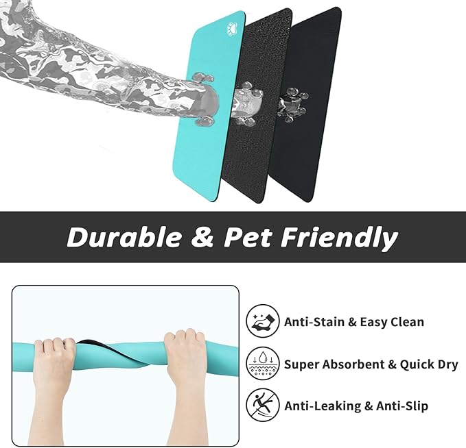 HotLive Dog Food Mat - Absorbent Cat Mat for Food and Water, No Stains Pet Feeding Bowl Mat, Easy to Clean Pet Placemats, Quick Dry Dog Water Dispenser Mat for Messy Drinkers | Paw Teal 16"x 24"
