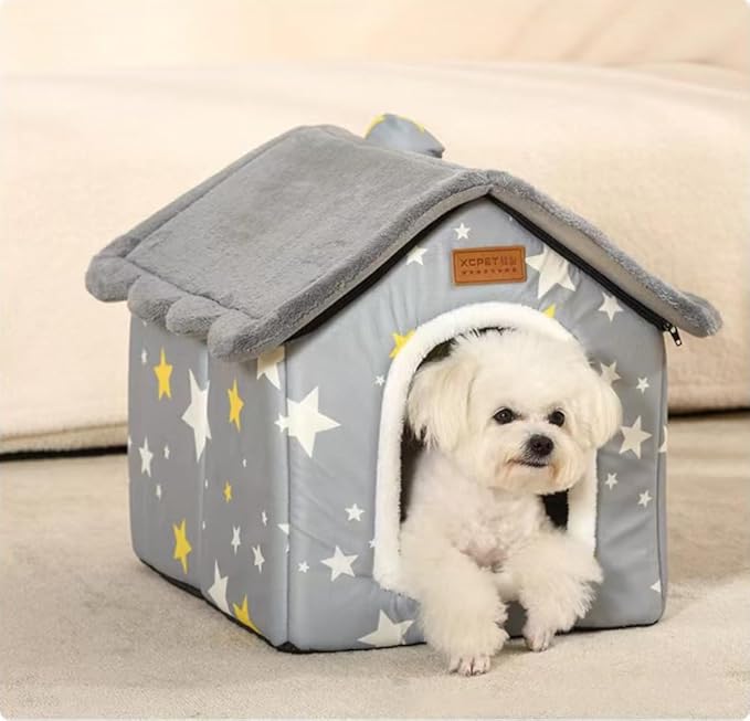 SEAHOME Dog House Kennel Bed Mat for Indoor Pets,Enclosed Warm Plush Sleeping Nest Bed with Removable Cushion,Covered Small Pet Condos Indoor Cat Hideaway (S, Grey)