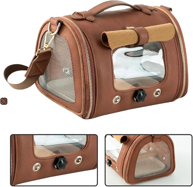 Bird Handbag with Plastic Tray, Brown Portable Parrot and Bird Travel Handbag, Suitable for Small Pets Such as Hamsters, 22x17x17cm, with mesh Window, Shoulder Strap and Standing Wooden Stick