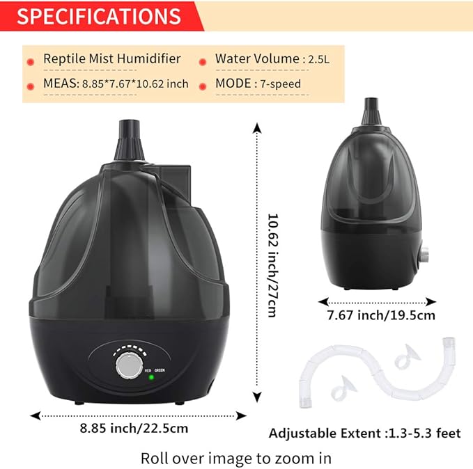 BETAZOOER Reptile Humidifiers Mister Fogger with Extension Tube/Hose, Suitable for Reptiles/Amphibians/Herps/Vivarium with Terrariums and Enclosures (2.5 Liter Tank)