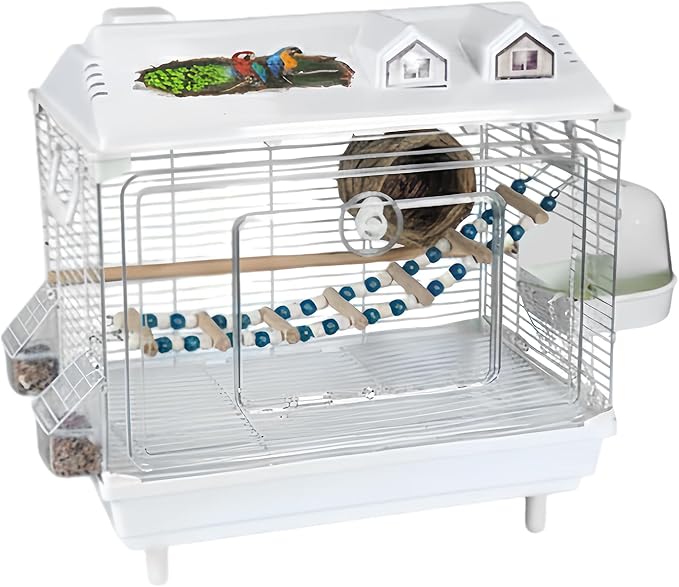Parakeet Bird Cage, Clear Portable Cockatiel Carrier, Medium Bird with Wooden Perch, Acrylic Lightweight with Removable Tray, Pet with Travel Handle, Indoor Cage for Conures Macaws
