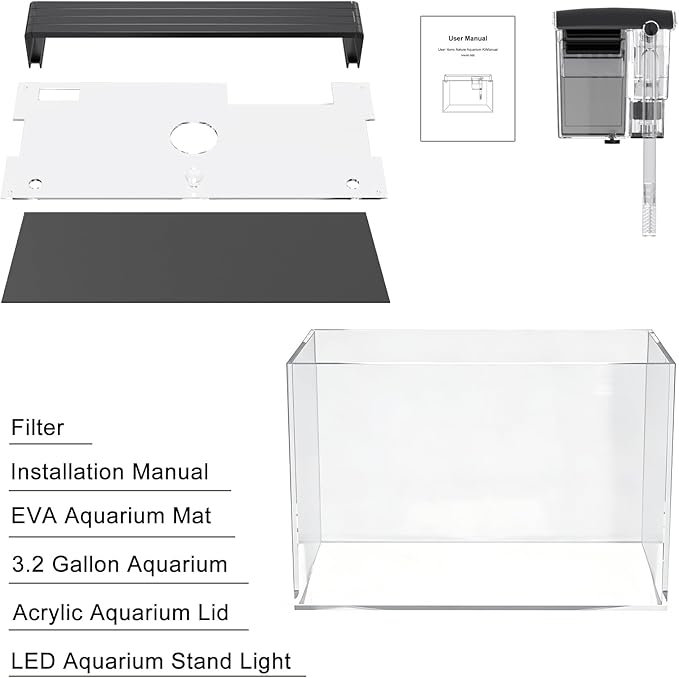 3.2 Gallon Fish Tank, Nano Nature Aquarium Kit,Small Aquarium Starter Kit,Ultra-Clear Rimless Desktop Small Aquarium with Filter and Light for Betta,Shrimp,Goldfish.Clear Glass