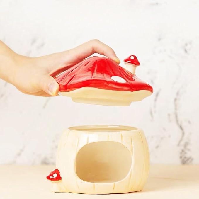Ceramic Mushroom Hamster Hideout with Detachable Lid (Pink) - Cute Hamster House, Habitat Decor for Dwarf Rabbits, Guinea Pigs, Chinchillas, and Small Pets