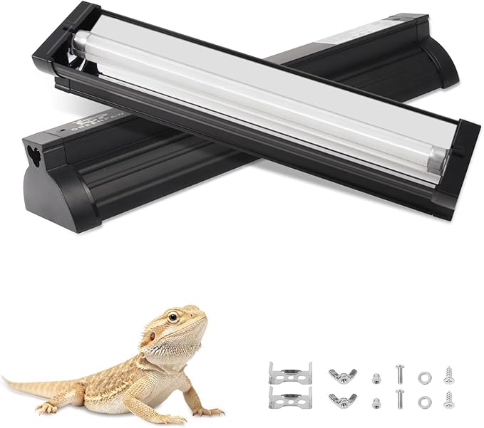 T5 UVB Reptile Light Fixture 8W 10.0, UVA UVB Light for Reptiles with High Output Fluorescent Tube, Curved Reflector & 12" Terrarium Hood - Desert UVB Light for Bearded Dragon Leopard Gecko Tortoise