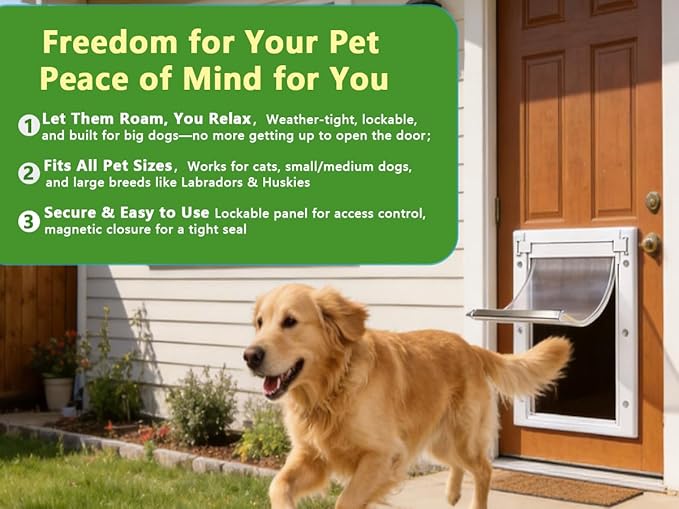 Pet Door Dog Door Easy Install - Wood & PVC Doors & Walls,Cat Door Free Movement & Strong Magnetic Auto-Close & Sliding Lock,Telescoping Frame,5 3/4" x 9 1/3" for Small Dogs Cats Up to 15 lb