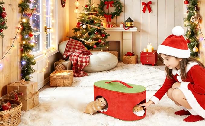 Christmas Guinea Pig Hideout, Large Cozy Bed, Warm Small Animal Cage House for Chinchilla, Hamster, Ferrets, Hedgehog, Rats and Other Small Pets