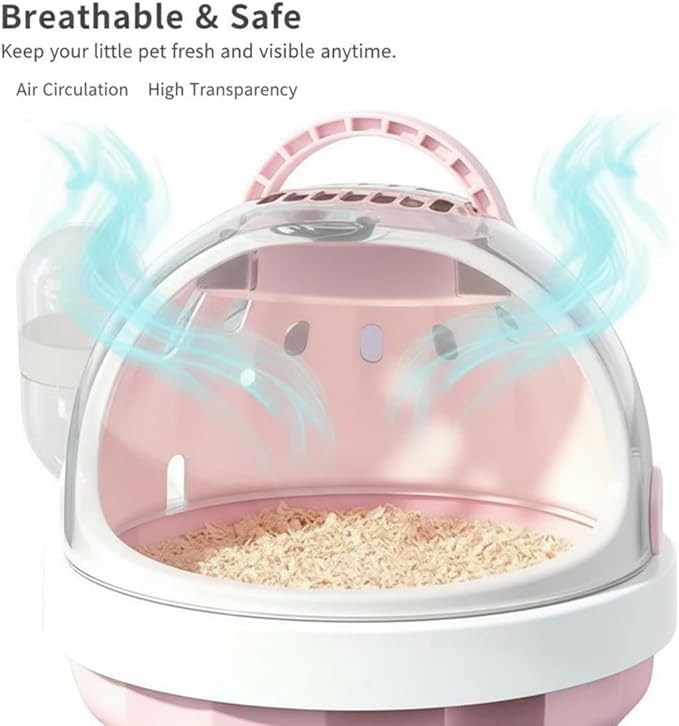 Portable Small pet Carrier with Water Bottle – Hamster Travel cage with Transparent Dome Design, Suitable for Hamsters, Sugar Gliders, and Guinea Pigs. (White Peach Pink)