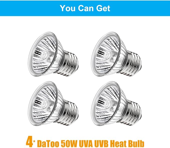 DaToo Reptile Heat Lamp Turtle Heating Light 4PCS 50W UVA UVB Heat Bulb Simulated Sunlight Basking Spot Lamp for Reptiles Lizard Amphibian Bearded Dragon Snake