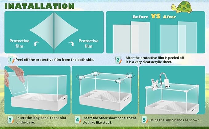 Small Turtle Starter Kit with Integrated Pump, Basking Light, Clear Acrylic 3-Layer Easy Cleaning Turtle Tank Aquarium for Small Reptiles