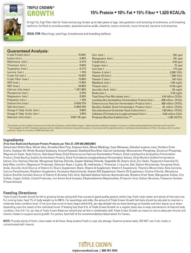 Triple Crown Growth Foal & Mare Feed, Textured Feed for Young Horses, Broodmares & Breeding Stallions, Horse Feed, 50 lbs