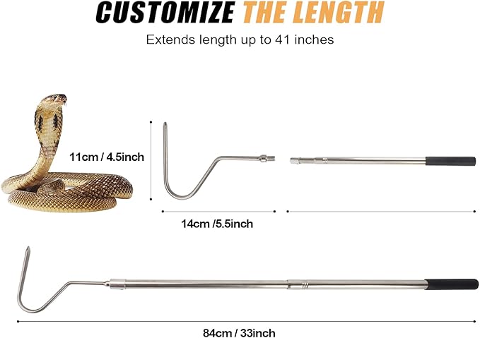 Snake Hook, Stainless Steel Extensible snake grabber tool, 33 inch Sturdy snake Catcher Handling Stick Trap Tool Tong for Herpetologists, Wildlife control personnel, Wranglers, Removal Experts