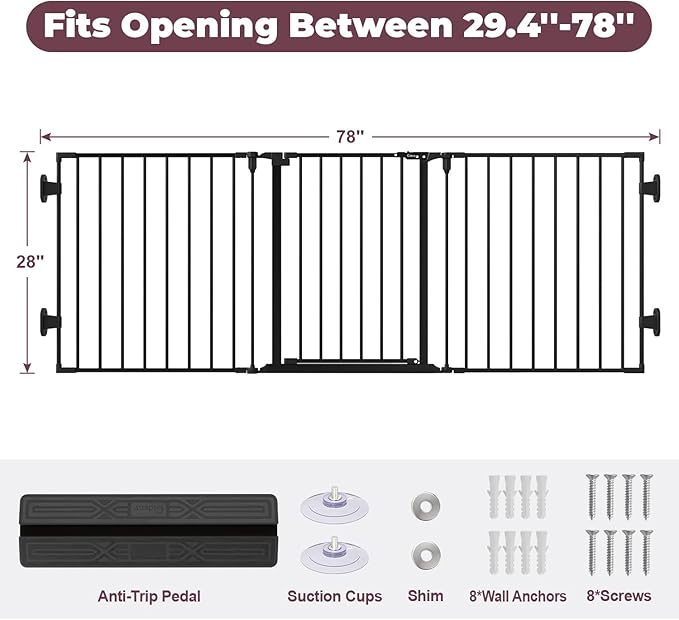 29.4-78" Extra Wide Baby Gate, Long Dog Gates Indoor for Doorways Stairs, Essential Large Safety Gate for Child Toddler with Anti-Trip Pedal, Adjustable Pet Gate, 28" Tall 3 Metal Panels Black