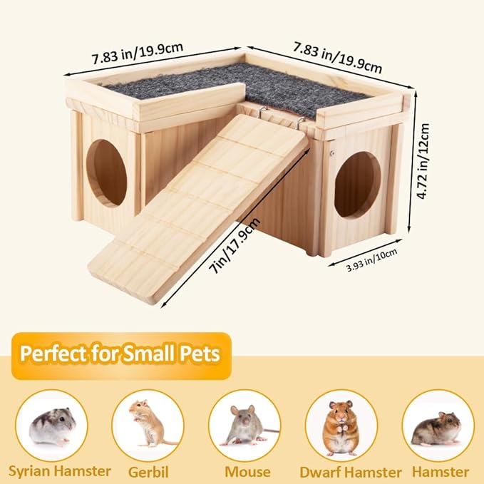 Hamster Hideout Wooden House with Ladder & Washable Pad, Small Animal Habitat Cage Accessories, Cozy Nest for Dwarf Syrian Hamsters, Gerbils & Mice