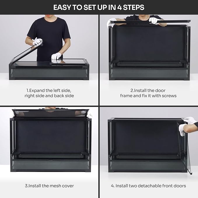 REPTI ZOO Collapsible 120 Gallon Reptile Tank, Tempered Glass Large Reptile Terrarium 48"x24"x24", Black PVC Back, Front & Top Ventilation & Anti Escape Lid, Easy Folding