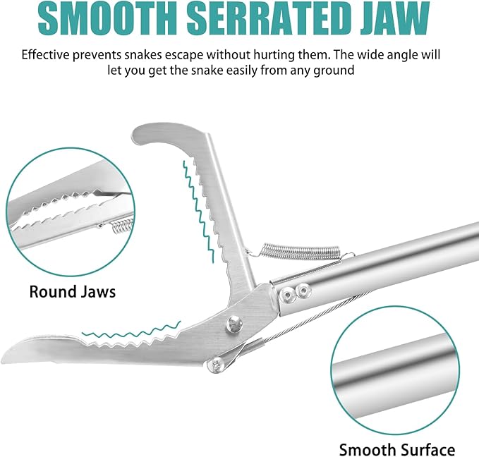 50" Collapsible Stainless Steel Snake Grabber Tool: Multi-Functional Hook, Tongs, Pole, Reacher for Safe Snake Handling and Rattlesnake Catching