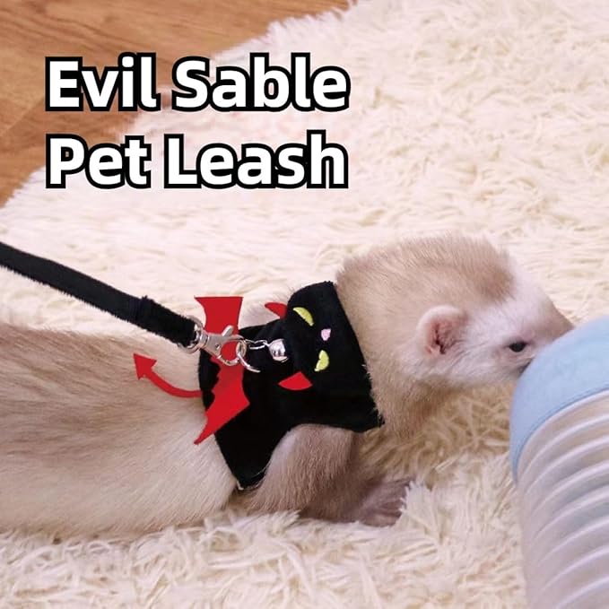 Ferret Harness and Leash, Adjustable Walking Vest for Guinea Pig, Kitten, Puppy, Bunny and Other Small Animals, Soft and Breathable Ferret Lead Leash with Evil Wings and Safe Bell (Black)