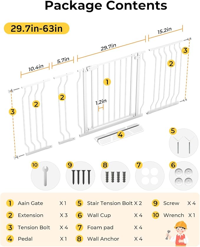 30"- 63" Extra Wide Baby Gate with Cat Door, 30.5" Tall, No-Drill Pressure Mount, Includes 3 Extensions, Pet & Toddler Safety Gate for Kitchens, Stairs, and Doorways