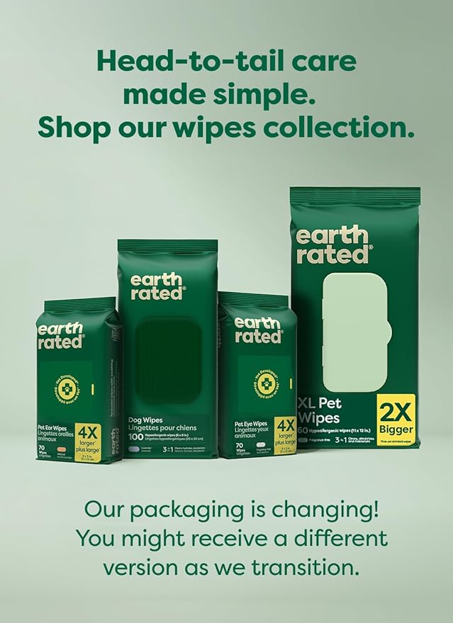 Earth Rated Pet Wipes for Dogs and Cats, Hypoallergenic, 3-in-1 Cleaning, Deodorizing and Hydrating, for Grooming Paws, Body and Butt, New White Tea and Basil Scent, 400 Count
